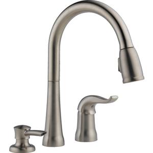 Delta Kate Brushed Nickel Kitchen Faucet with Pull Down Sprayer and Soap Disperser, Modern Two Hole Kitchen Sink Faucet, Single Handle, Stainless 16970-SSSD-DST Delta Kate Brushed Nickel Kitchen Faucet with Pull Down Sprayer and Soap Disperser, Modern Two Hole Kitchen Sink Faucet, Single Handle, Stainless 16970-SSSD-DST