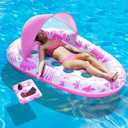 Inflatable Pool Floats Adult, 3-in-1 Pool Float Lounger with Canopy and Cup Holder, XL Floating Pool Floaty Raft for Swimming Pool Lake Beach, Tanning Pool Floaties Toys for Adults (Pink)