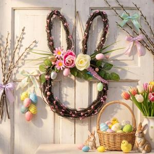 Suncalla 15.7 Inch Easter Bunny Wreath for Front Door Easter Rabbit Wreath Decoration with Pastel Egg Spring Door Garland with Peony Flower Mixed Twig for Home Indoor Outdoor Window Wall Party Decor