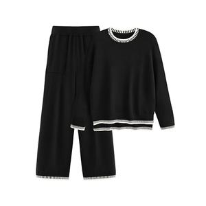 PRETTYGARDEN Women's 2 Piece Knit Sweater Outfit Casual Long Sleeve Pullover Wide Leg Pants Tracksuit Loungewear Set (Black, Large)