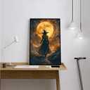 XWNLTEPK Halloween Night Witch and Full Moon Art Print Canvas Poster Suitable for Wall Decoration Home Seasonal Decor Spooky Atmosphere Theme Living Room Bedroom Party Wall Art Gothic Design Element (8x12in Black Framed, A01)