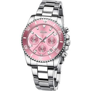 Women's Elegant Chronograph Rotatable Bezel Mineral Glass Luminous Watch Stainless Steel Waterproof Date Analog Quartz Watch Fashion Business Dress Wrist Watch (Silver Pink)