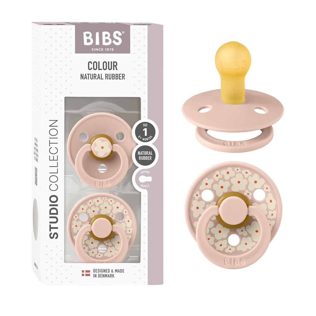 BIBS Pacifiers - Studio 2 Pack | Round Nipple Baby Pacifier | BPA Free Natural Rubber Latex Soother | Made in Denmark | Size 0+ Months | Blush Mix