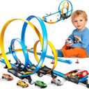 Toy Car Race Track Set for Boys Kids Age 3-5 4-7, Race Tracks with 4 High-Speed Pull Back Race Cars and Crash Zones, Christmas Halloween Birthdays Gifts Toys for Boys Kids 4-6 8-12 Years Old