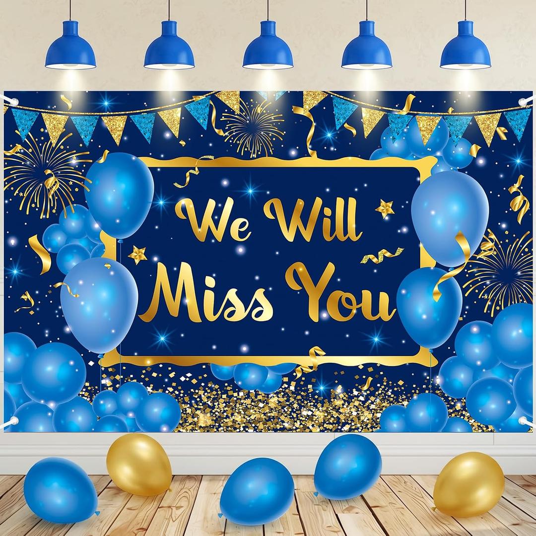 Blue Gold We Will Miss You Banner Farewell Party Decorations Good Luck Going Away Backdrop for Coworker Leaving Job Change Retirement Goodbye Anniversary Veteran Graduation Party Supplies