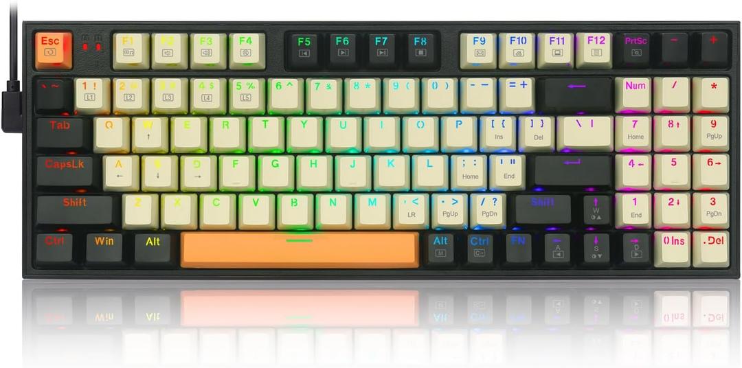 Redragon Wired Mechanical Gaming Keyboard with RGB Backlit, 94 Keys, Programmable Macro Editing, Numeric Pad, Red Switches, Compact Keyboard Mechanical for Pc Mac Ipad, K636CLO (Black-Beige-Orange)
