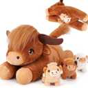 gnomantic 4 Pieces Highland Cow Stuffed Animals - 1 Mommy Stuffed Highland Cow with 3 Babies - Brown Cow Gifts for Girls Age 3-8, Cows Plush Toys for Christmas, Valentine's, Birthday Gifts (Brown)