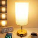 Bedside Table Lamp for Bedroom - 4 Way Dimmable Touch Lamp with USB and Type-C Charge Port, Small Wood Base Round Flaxen Fabric Shade Lamp Living Room,Bedroom Use(Yellow Color Base) (Warm White)