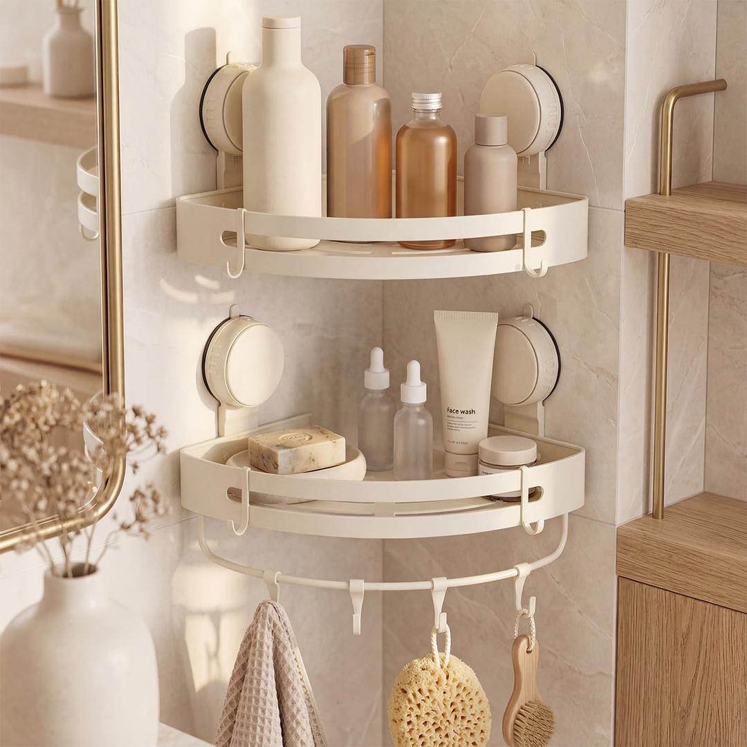 Suction Cup Shower Caddy(2-Pack Cream White),Single 1.77 Inches High No-Drilling Aluminum Bathroom Organizer with Towel Bar & Hooks,Moder wall Shower Shelf and Storage Decor