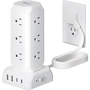 Power Strip Tower, SUPERDANNY 12 Outlets with 35W USB(2 USB-A & 2 USB-C) Charging Station, 1625W/13A, 1700J Surge Protector, 6.5ft Flat Plug Extension Cord with Multiple Outlets for Home, Office, Dorm (White)