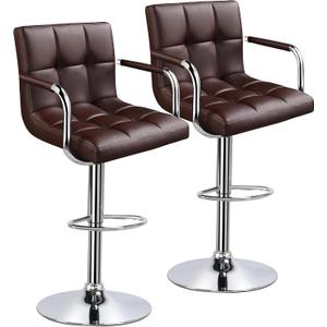 Yaheetech Tall Bar Stools Set of 2 Modern Square PU Leather Adjustable BarStools Counter Height Stools with Arms and Back Bar Chairs 360 Swivel Stool, Brown