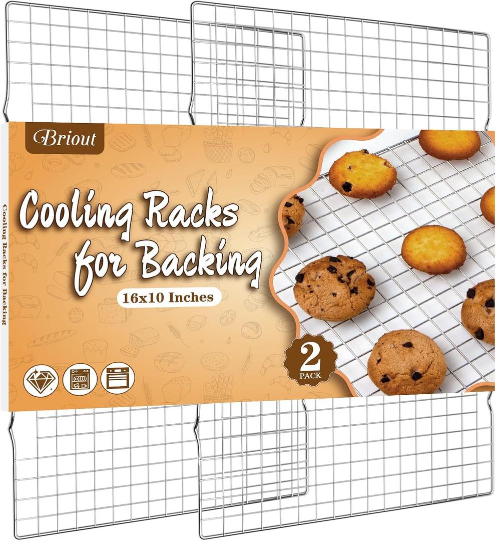 Cooling Rack for Baking 2-Pack, 16x10 Inches Baking Rack, Thick Wire Cookie Rack for Cooking, Roasting, Grilling, Drying, Oven Safe, Fits Half Sheet Pan, Silver