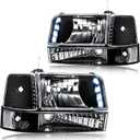 LED Headlight, Compatible with 1992-1996 Ford F150/F250/F350/ 1992-1996 Bronco Headlamp w/LED Bar Pair of Driver Left & Passenger Right Side Black Housing Clear Reflector