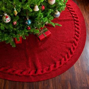 24 Inches Knitted Christmas Tree Skirt for 3-4Ft Tree, Small Tree Skirts for Pencil Tree, Cable Knit Red Thick Christmas Tree Mat, Rustic Farmhouse Decorations Xmas Home Party Holiday Decor Red 24