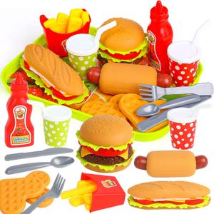 FINGOOO Pretend Play Food Set, Hamburger Fries Pizza Popcorn Toys Role Play Take Apart Educational Gift for Kids Boys Girls