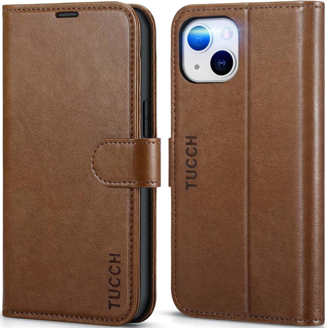 TUCCH Wallet Case for iPhone 14 6.1", Flip PU Leather Magnetic Protective Cover with [RFID Blocking] [4 Card Slots] Stand [TPU Interior Case] Compatible with iPhone 14 6.1, Brown
