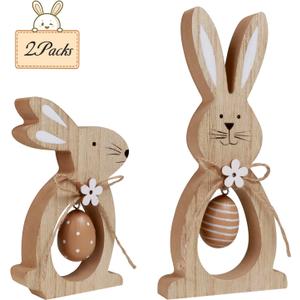 Antizz 2Pcs Easter Decorations for The Home Farmhouse Rustic Wooden Bunny with Egg Tiered Tray Happy Spring Decoration for Indoor Home Party Tabletop Decoration Easter Gifts (Brown)