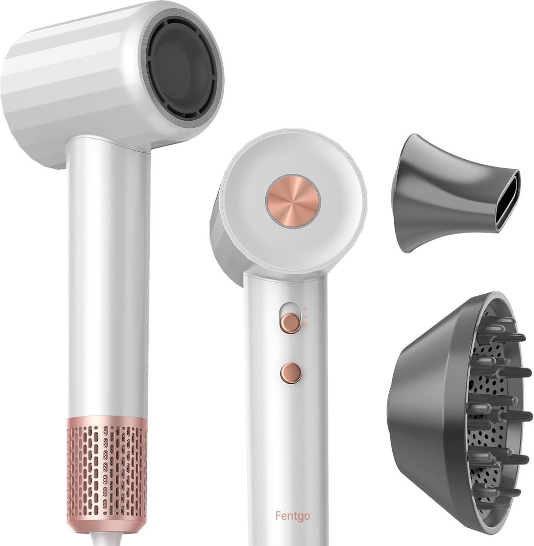 Fentgo High Speed Ionic Hair Dryer with Diffuser, Professonal Blow Dryer 110,000 RPM Brushless Motor for Fast Drying, 1500W 4Temps /2Speeds, Thermo-Control Hairdryer for Women Home Travel (White)