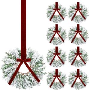 Dingion 8 Pcs 9.8" Christmas Mini Wreaths for Cabinets Small Artificial Snowy Cedar Wreath with Velvet Ribbon Christmas Hanging Decorations for Kitchen Window Chair Wall Front Door Farmhouse(Red)