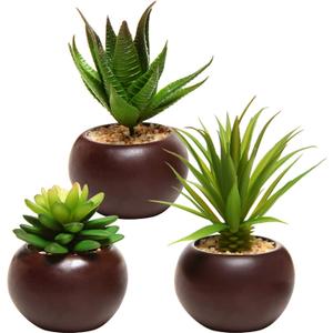 MyGift Succulents Plants Artificial, Fake Faux Indoor House Plants in Round Brown Ceramic Pots, Set of 3