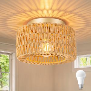 SineRise Rattan Ceiling Light Fixtures (12-Inch, LED Bulb Included), Hand-Woven Boho Flush Mount Ceiling Light, Rattan Chandelier for Hallway Kitchen Farmhouse Foyer Entryway Living Room(Gold)