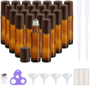 PrettyCare 24 Pack, 10 ml Essential Oil Roller Bottles with Stainless Steel Roller Ball - Refillable Leak-proof Empty Thick Amber Glass Roll on Bottles with Wooden Caps for Travel, Perfume