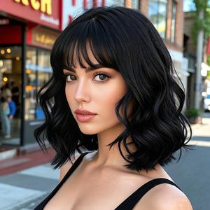 Short Black Bob Wig with Bangs for Women Natural Looking Loose Wavy Curly Wigs Heat Resistant Synthetic Fiber Wigs for Daily Party Cosplay Use 14 Inch