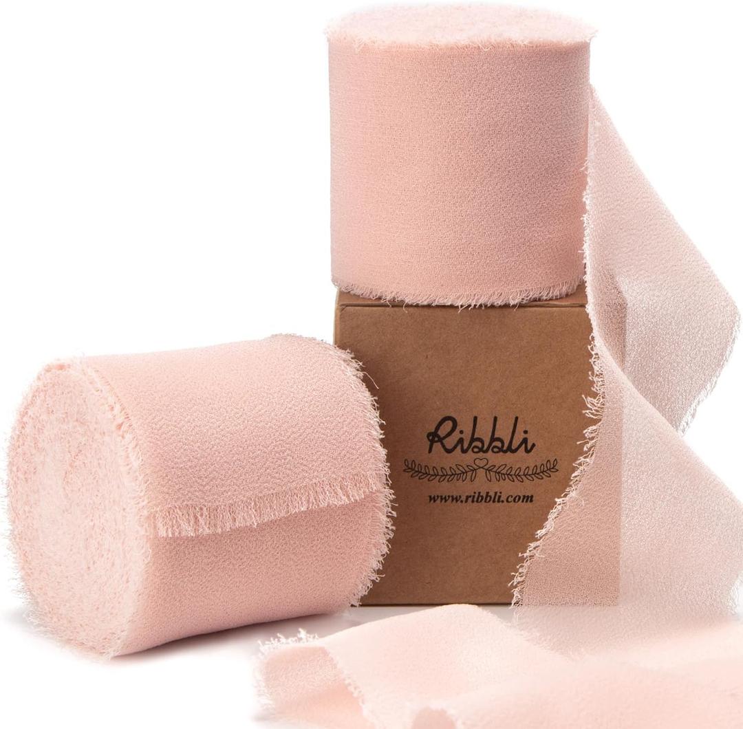 Ribbli Blush Pink Chiffon Ribbon 2 Inch x 20 Yard Handmade Fringe Chiffon Silk Ribbon for Gifts, Wedding Invitations, Bridal Bouquets, Flower Arrangement