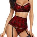 Avidlove Women Lingerie Set High Waisted Underwire Lingerie With Garter Belt Lace Babydoll (Small)