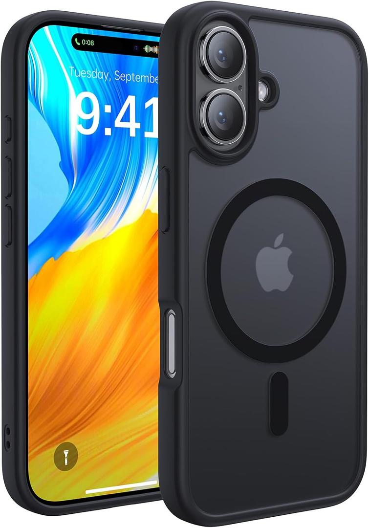 Magnetic for iPhone 16 Case,[Compatible with MagSafe][Military Grade Drop Protection] Anti-Fingerprint Translucent Matte Shockproof Protective Case for iPhone 16 Phone Case 6.1",Black