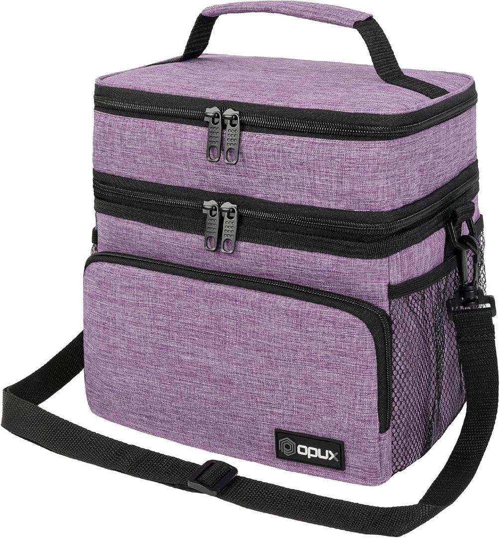 opux Insulated Lunch Bag for Men Women, Large Dual Compartment Cooler Bag, Soft Two Deck Lunch Box for Work School Picnic, Leakproof Lunch Tote with Shoulder Strap for Kid Adult (Purple, Double Deck)