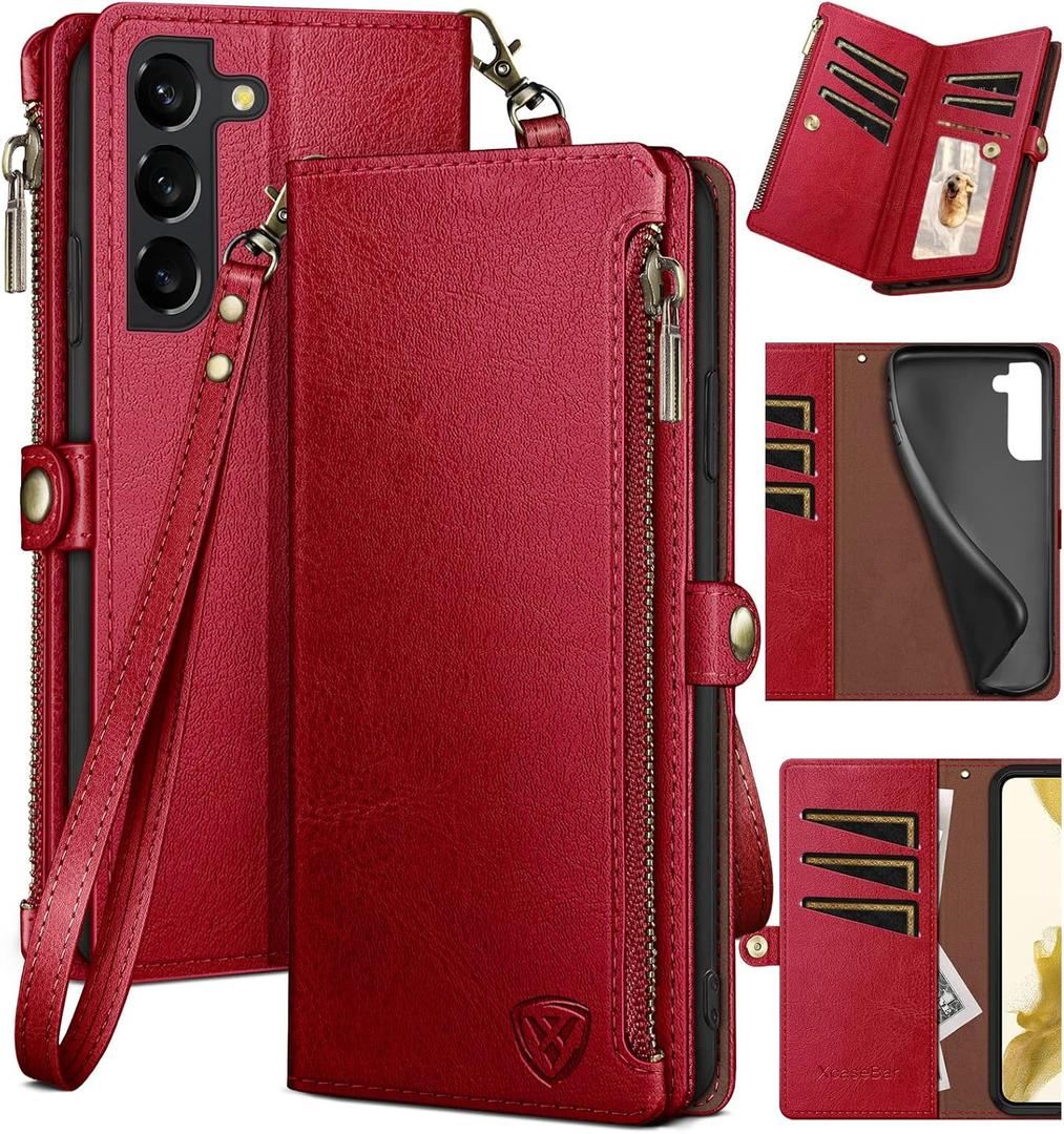 XcaseBar for Samsung Galaxy S22 Plus Wallet case with Zipper Credit Card HolderRFID Blocking, Flip Folio Book PU Leather Phone case Shockproof Cover Women Men for S22 Plus case Red