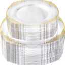 100 PCS Clear and Gold Plastic Plates for 50 Guests, Clear Disposable Plates Include 50 PCS Dinner Plates, 50 PCS Dessert Plates for Party, Wedding and Graduation