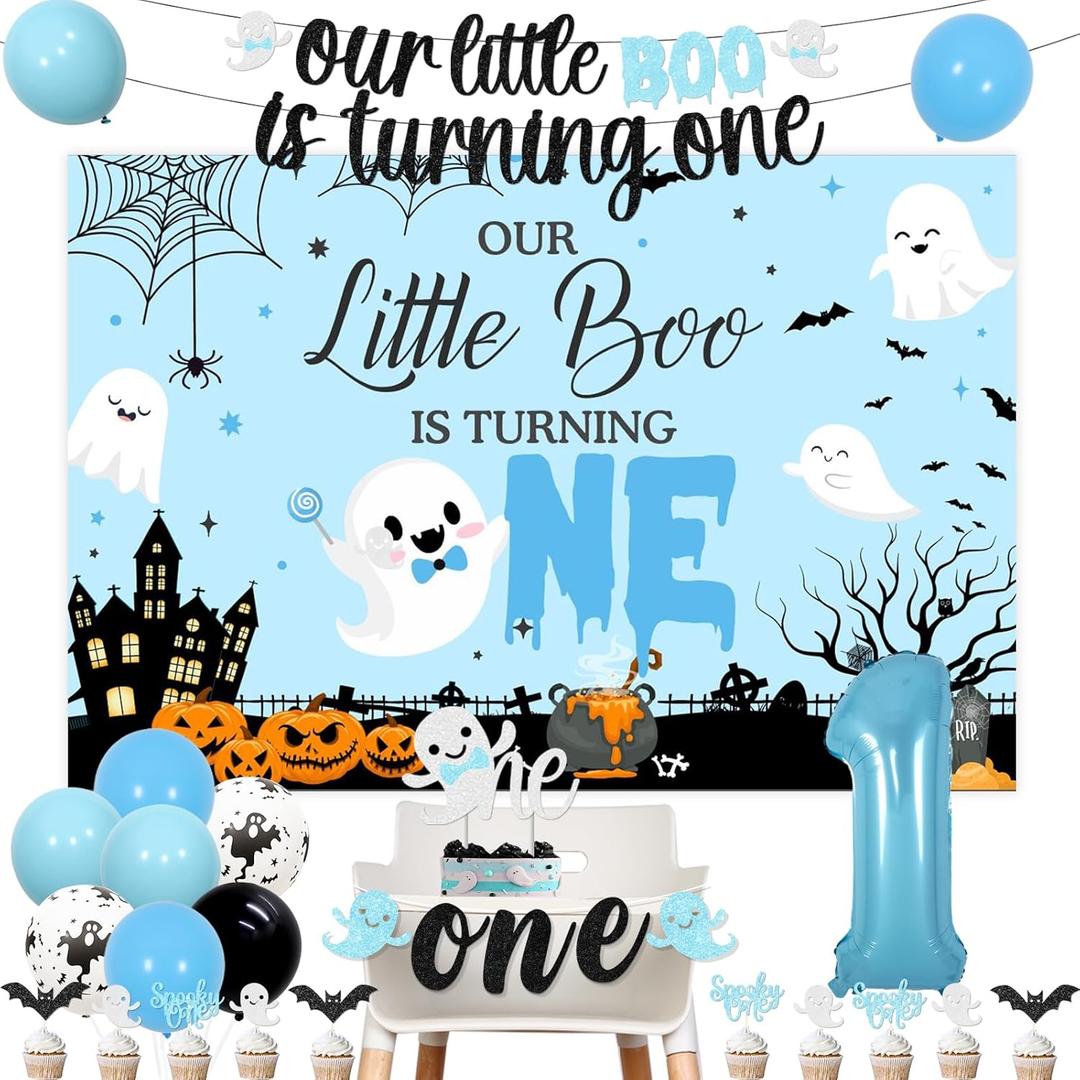 Halloween 1st Birthday Party Decorations Boys, Our Little Boo Is Turning One Backdrop Banner One High Chair Banner Halloween Spooky One Ghost One Cake Cupcake Topper Number One Foil Balloon