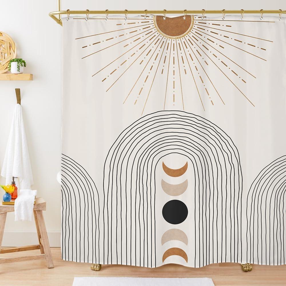 Miyotaa Abstract Sun Moon Phase Shower Curtain Set 60Wx71H Inches Minimalist Modern Contemporary Aesthetic Sunshine Polyester Waterproof Cloth Bathroom Curtain with 12 Hooks