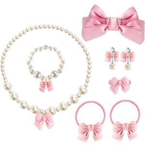 Handmade Bow Pearl Kids Jewelry for Little Girls Toddler Set of 8 pcs - Hair Bows Clips Ties - Stretch Necklace Bracelets Rings and Clip on Earrings - Cute Princess Dress Up Gifts