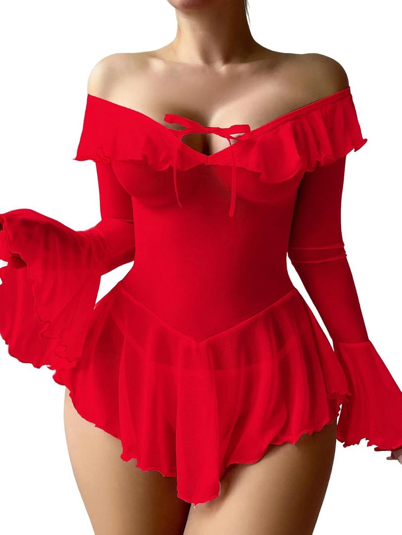 Neohouny Plus Size Lingerie for Curvy Women Babydoll Dress Rave Outfits Sexy Mesh Tops See Through Lingerie Sets Red XXL