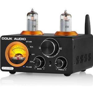 Douk Audio ST-01 PRO 200W Bluetooth Amplifier, 2 Channel Vacuum Tube Power Amp with USB DAC/Coaxial Optical Inputs/VU Meter/Treble Bass Control for Home Theater/Stereo Speakers (Upgrade Version)