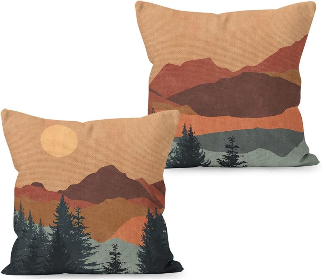 Boho Throw Pillow Covers - Mountain Nature Landscape Forest Linen 18 x 18 Set of 2 for Bed Home Room Sofa Decorations