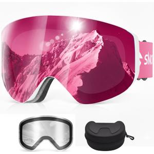 Snowalva Ski Goggles, Snowboard Goggles with 2 UV400 Anti-Fog Detachable Magnet Lenses for Men & Women Adult (Ver.2 Sakura(vlt 35%)+clear(vlt 83.5%))