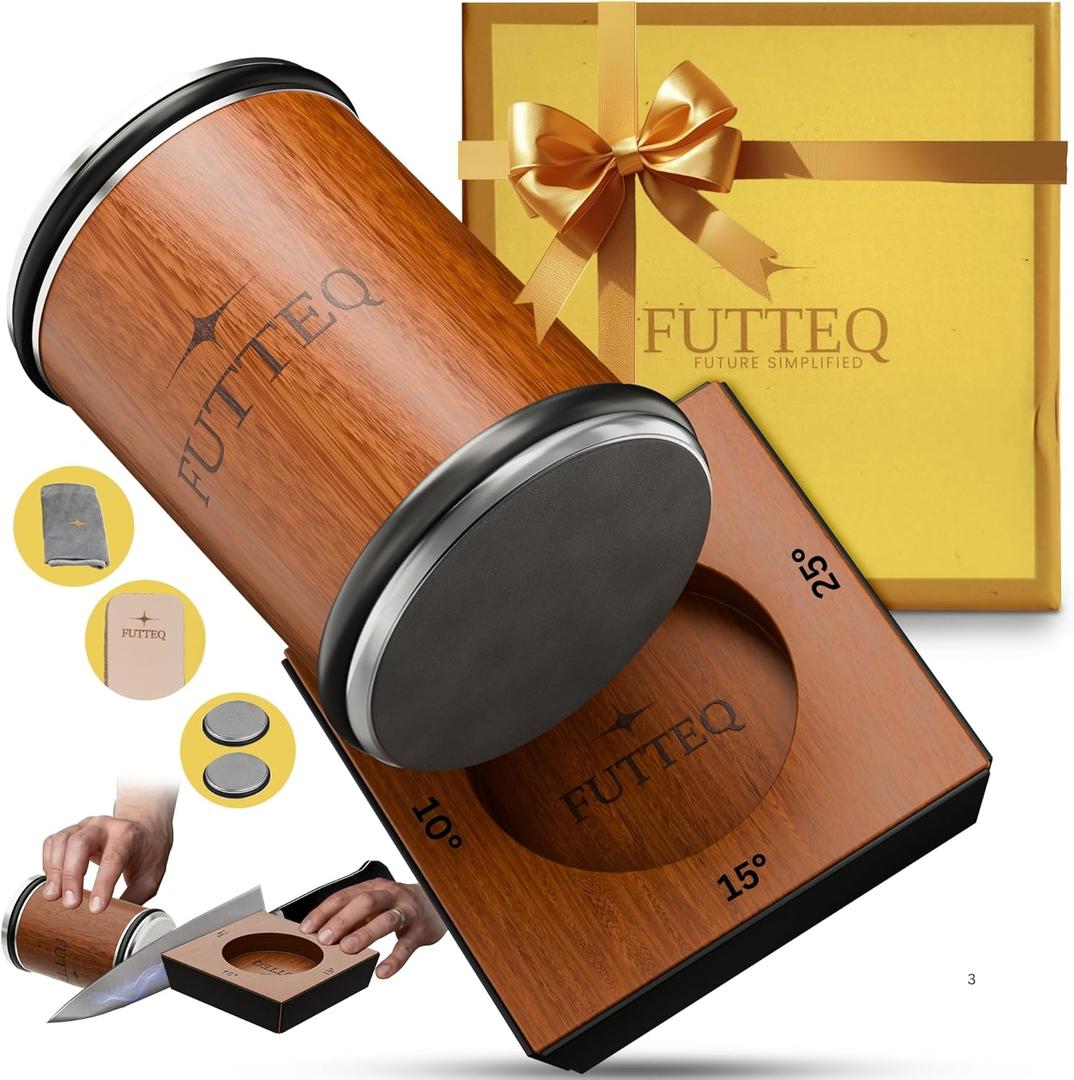 FUTTEQ Tumbler Rolling Knife Sharpener Kit - Knife Sharpening Tool with Leather Strop and 2 Extra Diamond Disks, Complete Set of Manual Knife Sharpener with Knife Sharpening Guide