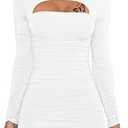 DAAWENXI Women's Sexy Long Sleeve Cut Out Bodycon Ruched Party Club Mini Dress (S, White)