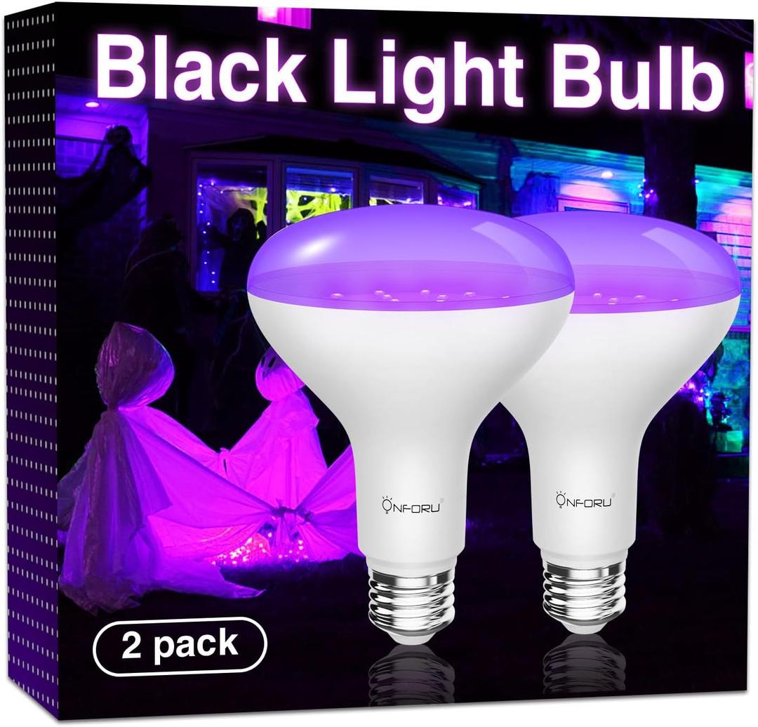 Onforu 2 Pack 120W Equiv LED Black Light Bulb, BR30 E26 Blacklight Bulbs for Glow in The Dark, 385-400nm, 15W Black Light Flood Light for Halloween Christmas Party, Body Paint, Fluorescent Poster