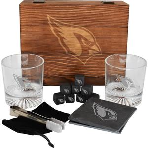 The Memory Company Licensed NFL Wood Boxed Drinkware Gift Set - Includes 2 Premium Rock Glasses, Cooling Cubes, Tongs, and Coasters, Arizona Cardinals