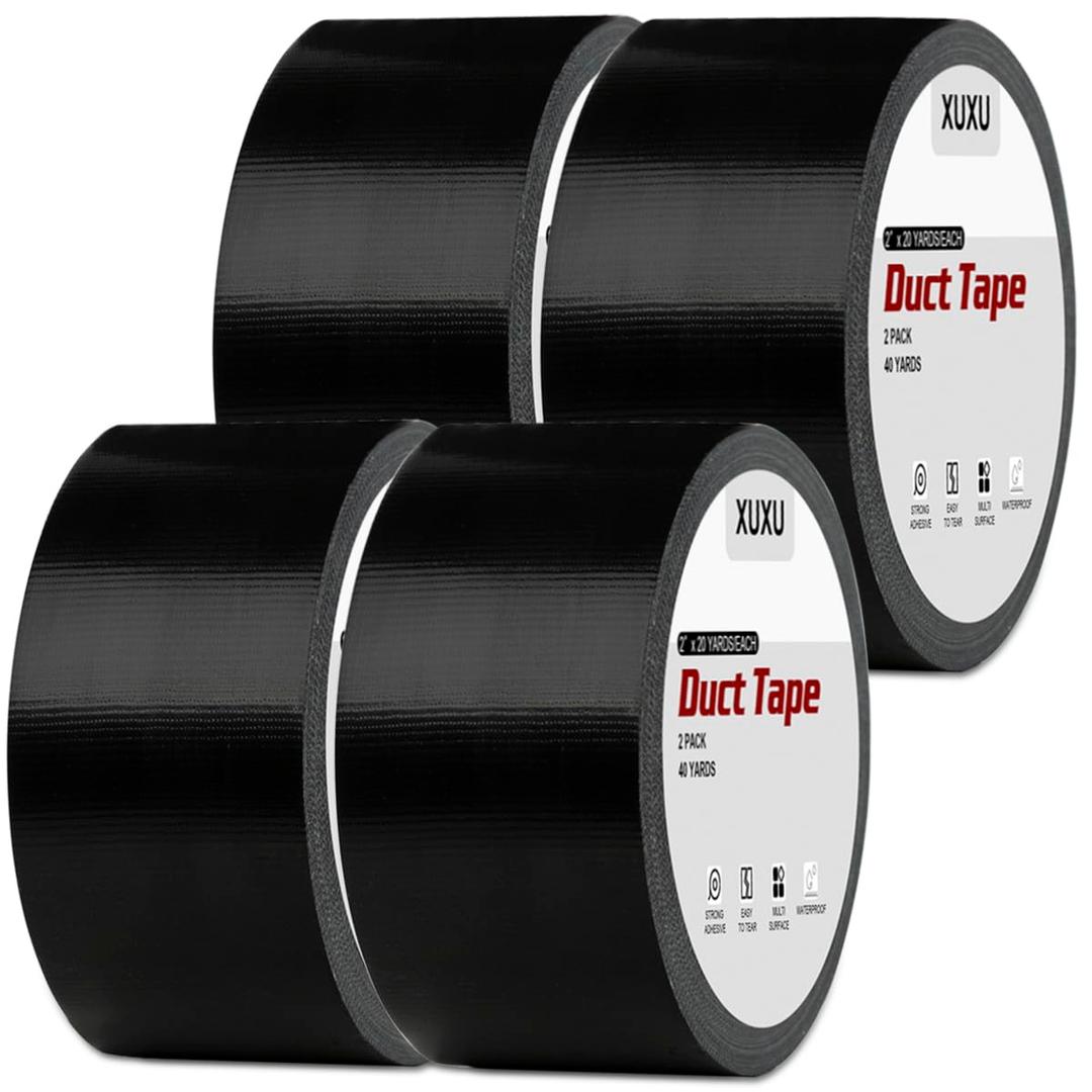 XUXU 4 Pcs Black Duct Tape Heavy Duty Waterproof, Strong Adhesive Duct Tape Bulk for Indoor Outdoor Repairs Tear by Hand, 80 Yards x 2 Inch Total