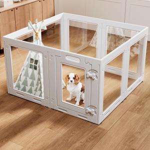 Clear Acrylic Dog Playpen with Door,23.6" Puppy Playpen,Easy Assemble Pet Fence,8-Panel for Puppies/Small Dog Play Pen Indoor (White-8, 23.6 Inch-H, 8 Panel)