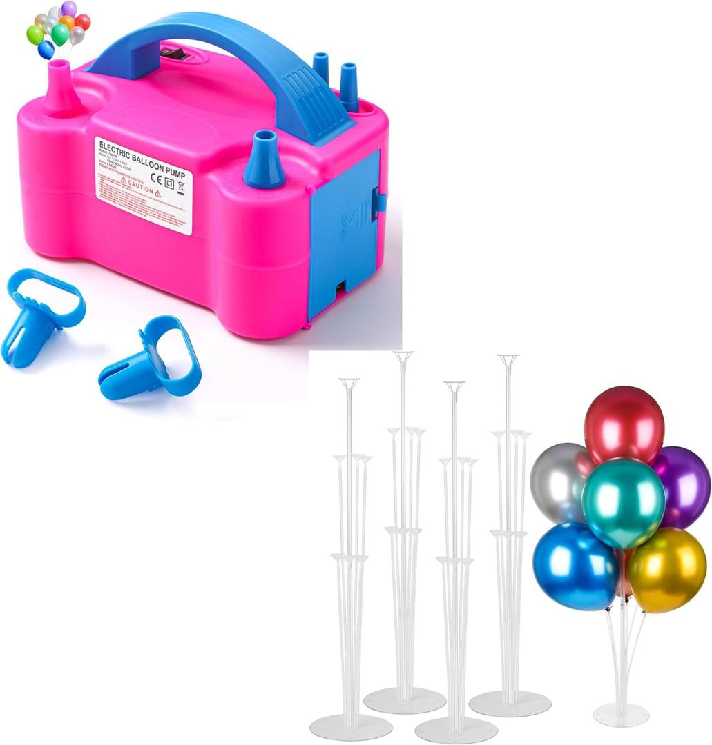 Voircoloria Balloon Pump Electric with 4 Sets Balloon Stand Kits, Portable Automatic Dual Nozzle Inflator 110V 600W with Tying Tools for Birthday Gender Reveal Baby Shower Balloons Party Decorations