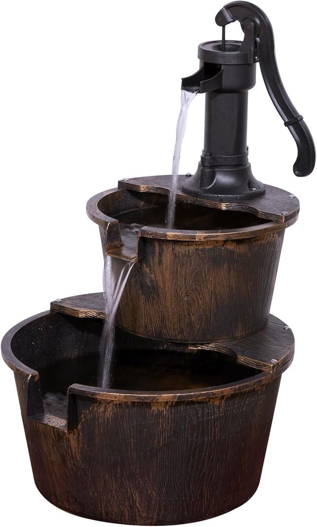 Alpine Corporation 27" Tall Rustic Outdoor 2-Tier Barrel Pump Water Fountain with Soothing Cascading Water Flow for Patio, Yard, Porch, or Landscape, Bronze