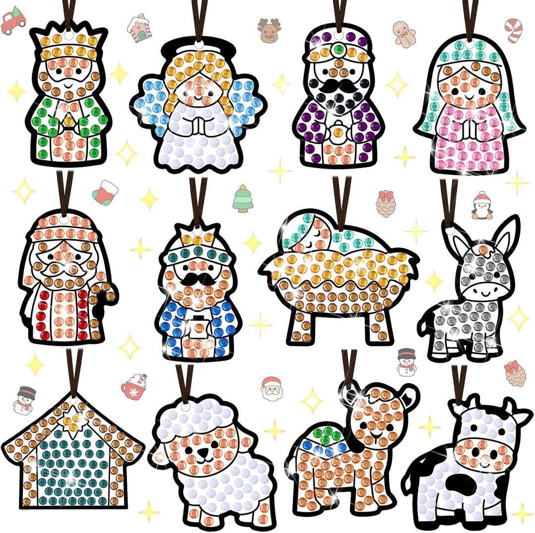 36 Sets Christmas Nativity Window Art Suncatcher Kits, Diamond Art Ornament Kits with Ropes, Gem Suncatcher Fun Gemstone Sun Catcher, Diamond Crafts Gift