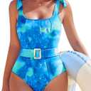 AI'MAGE Women's One Piece Swimsuit 2025 Tummy Control Swimsuits Slimming Bathing Suits Belted Swim Suit Swimwear (Medium, Blue Green)